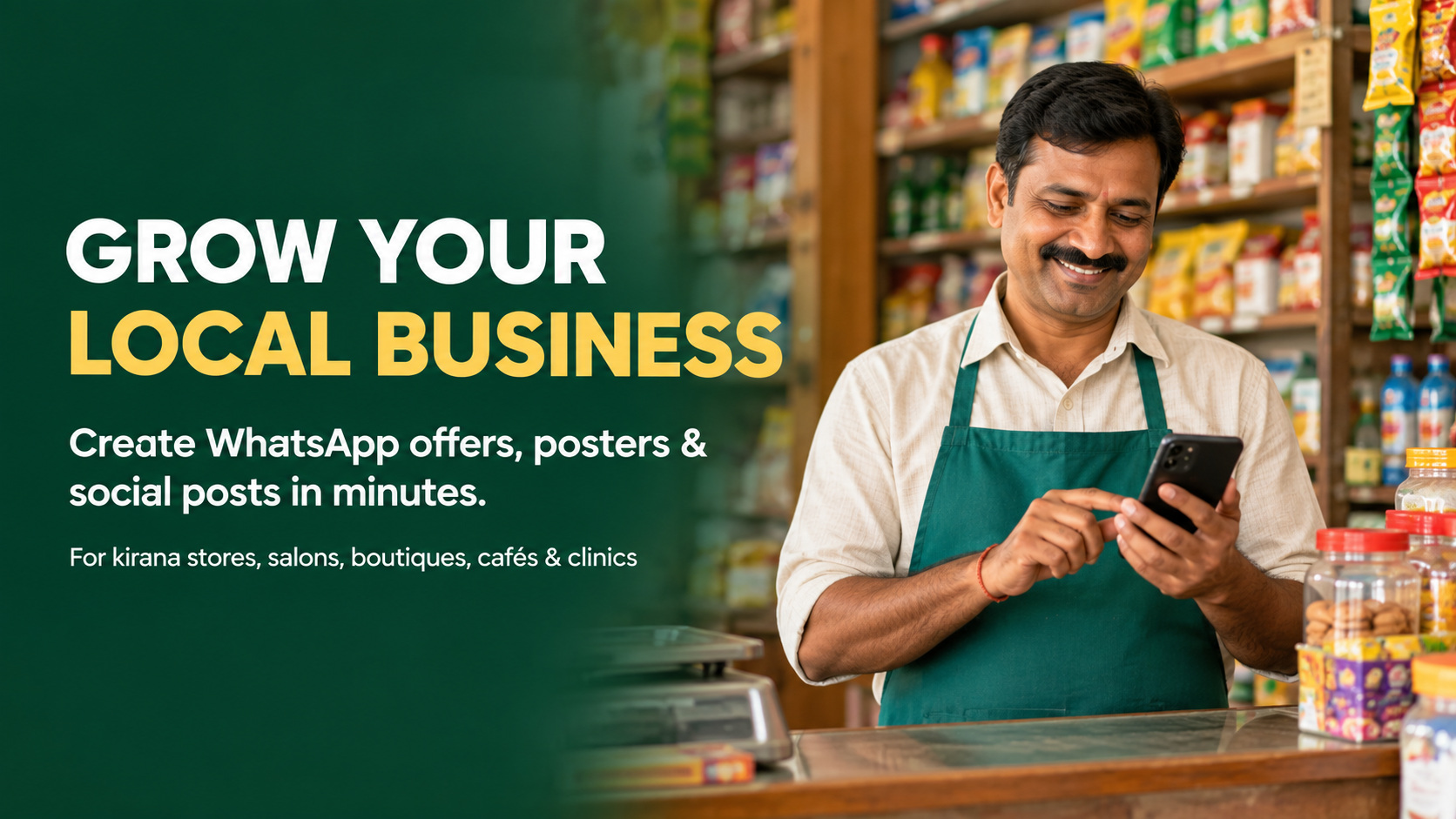 Indian local shop owner using a phone to grow the business
