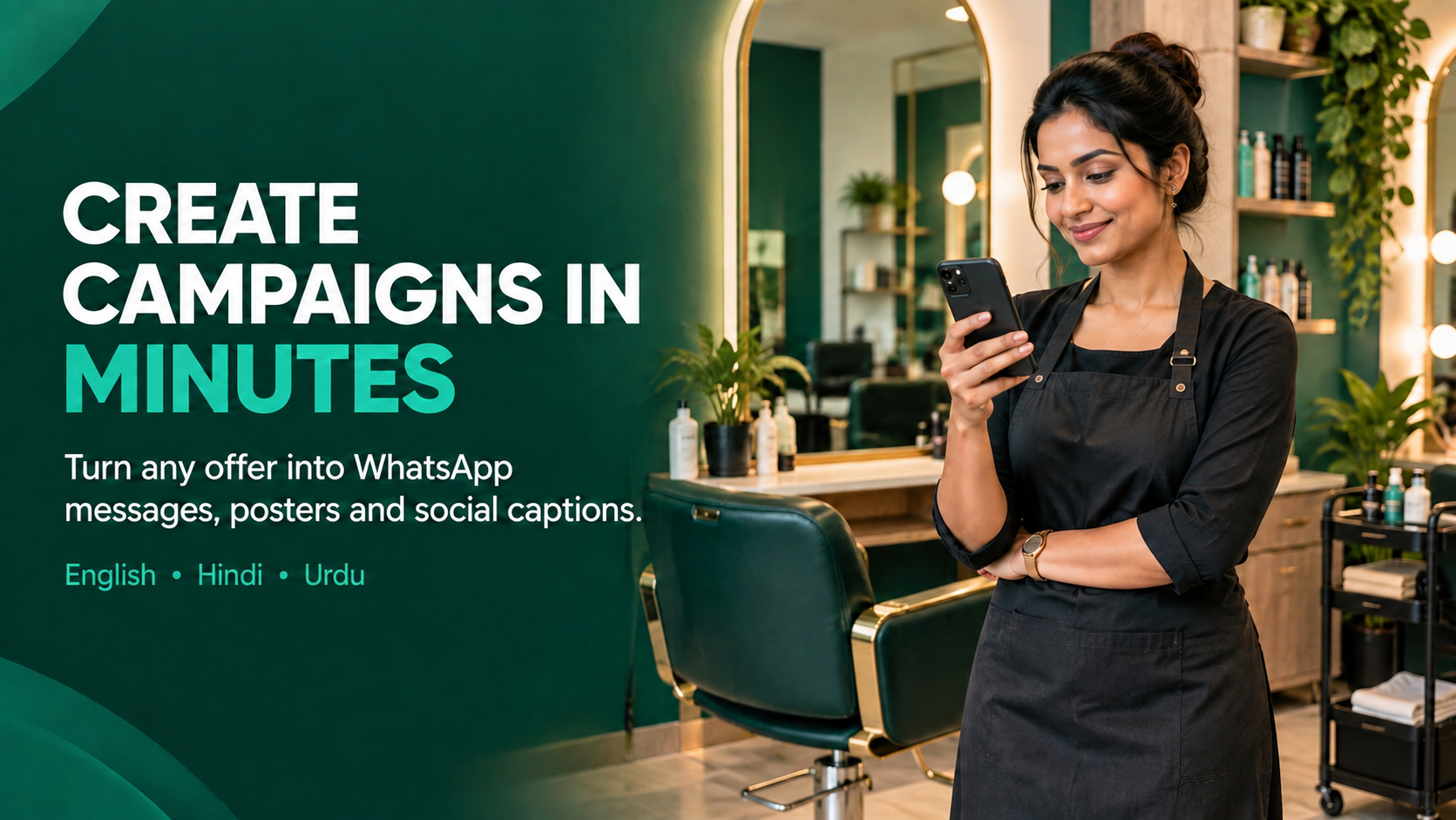 Indian salon owner creating WhatsApp and social media campaigns